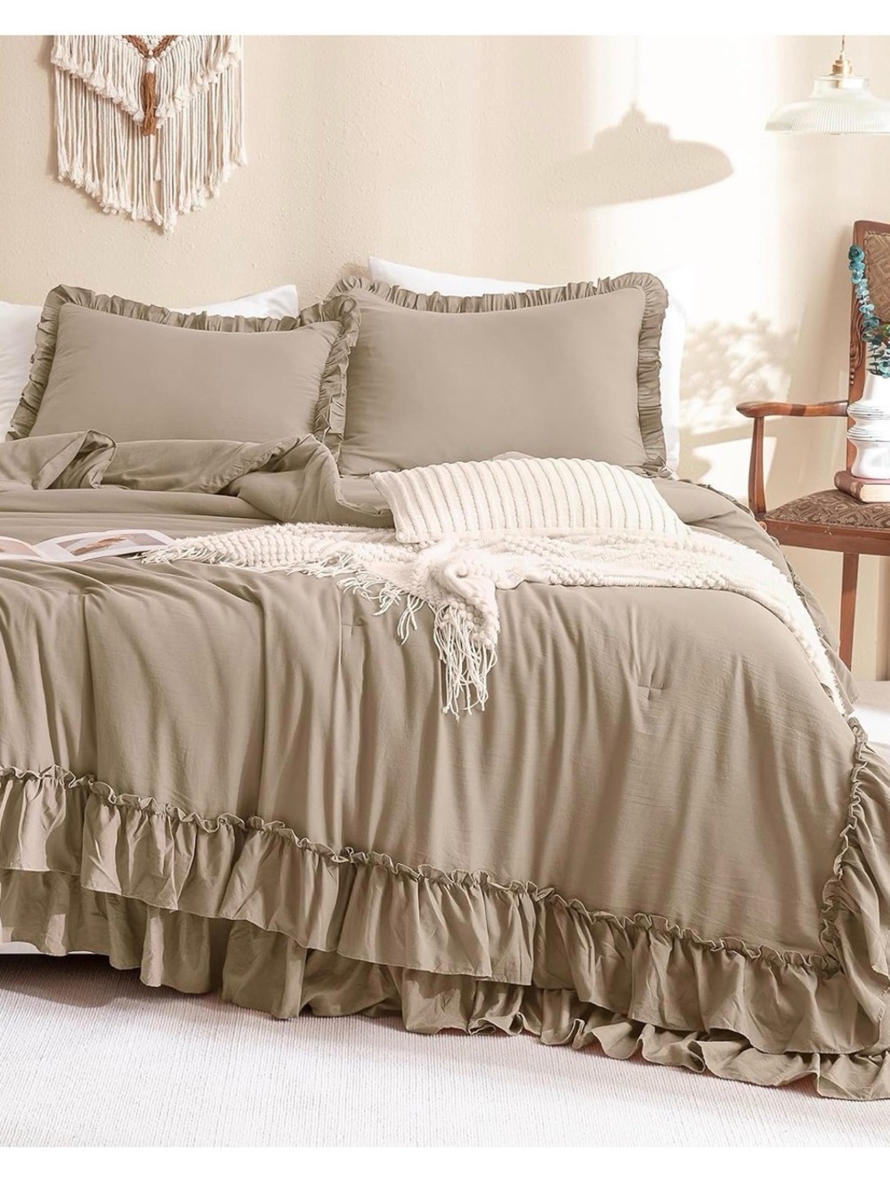 Ruffled Cotton Comforter Set in Taupe